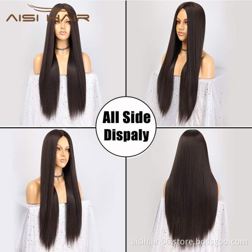 Aisi Hair Topselling Wholesale Vendor Popular Long Silky Straight Natural Wave Brown Wig For Black Women Synthetic Hair Wigs